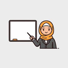 Smiling Teacher with Hijab Pointing at Whiteboard in Clean Vector Illustration