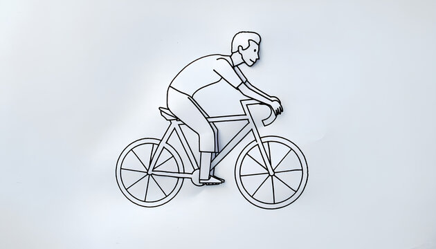 Simple black line art illustration of a man riding a bicycle. Minimalist doodle or icon style, isolated on a white background. Concept for cycling, health, or transportation.