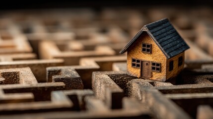 Tiny wooden house on intricate maze structure representing challenges of home ownership and navigation through life's complexities, blurred background