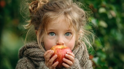 A young girl with blond hair holds a large red apple with both hands. Use this picture for concepts of healthy eating and child nutrition.