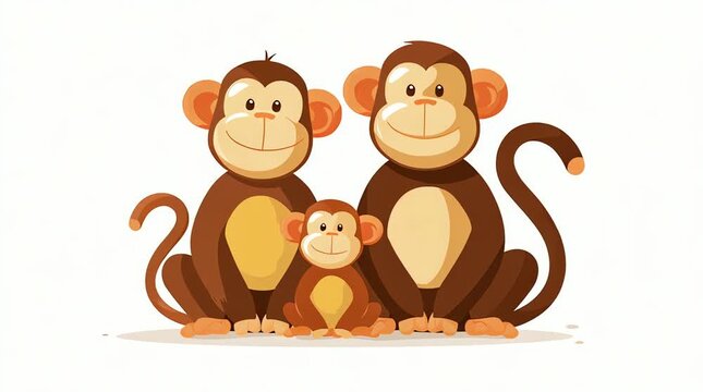 Three cartoon monkeys sitting together on a plain white background, suitable for various design applications with a playful and friendly mood.