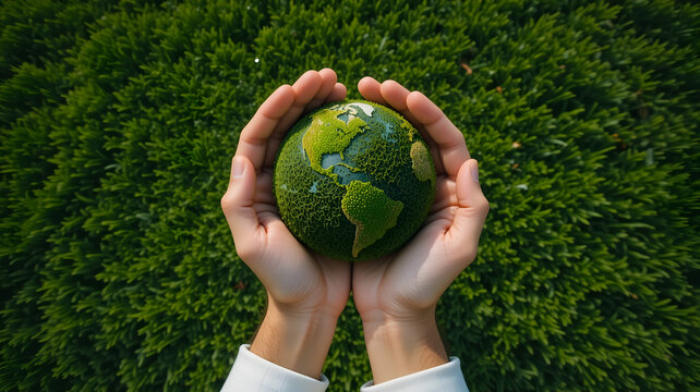 Human Hands Gently Cupping and Holding a Green Earth Globe Made of Grass Against a Natural Green Background for Environmental Protection and Sustainability Concepts
