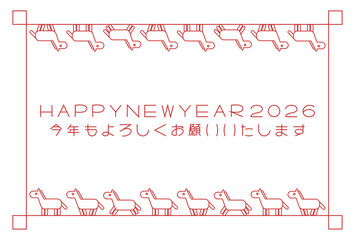 2026年午年年賀状 赤い線画の馬模様フレーム