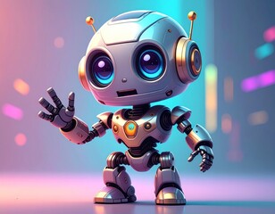 Cute robot illustration, metallic finish, welcoming gesture, bokeh background