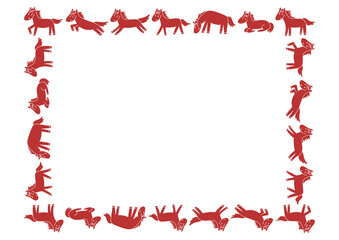 赤色の馬模様のフレームイラスト いろいろなポーズの馬