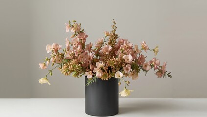 Floral Arrangement in Dark Container, Subtle Peach Hues, Soft Light, Studio Composition.