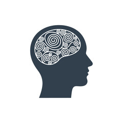 Silhouette of a human head with a swirling maze inside, representing the brain, complex thoughts, psychology, and mental creativity. Vector icon