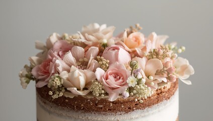 Floral Arrangement on a Textured Dessert, Delicate Pastel Hues, Soft Lighting.