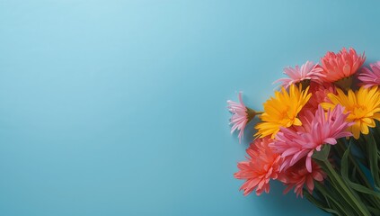 Floral Arrangement on Azure Backdrop, with Vibrant Petals and Gentle Lighting.