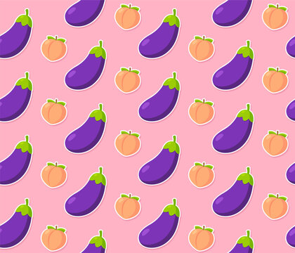 Cartoon eggplant and peach emoji seamless pattern on pink background. Cute humorous vector illustration.
