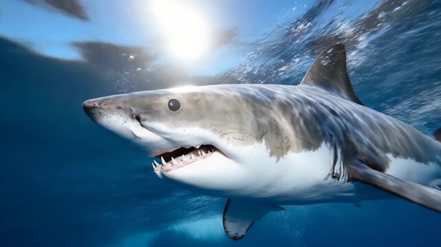376Intense frontal view of a great white shark emerging from water, teeth slightly visible, dramatic sunlight reflecting on wet skin