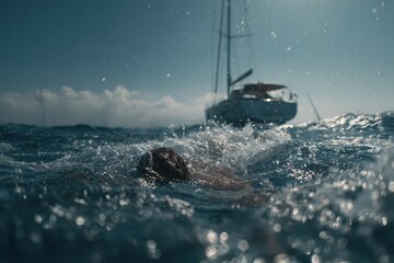 Person swimming in choppy ocean water, sailboat in the background. Use for depicting freedom, adventure, or perhaps overcoming challenges.