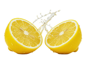 macro closeup of two vibrant yellow lemon halves with glistening pulp, capturing a frozen, explosive juice splash against a transparent studio background. concept for beverage advertising