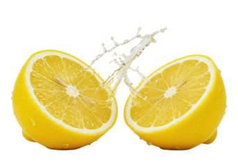 macro closeup of two vibrant yellow lemon halves with glistening pulp, capturing a frozen, explosive juice splash against a transparent studio background. concept for beverage advertising