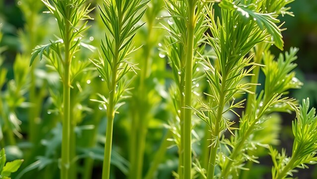 feathery. Tall celery plants with feathery leaves in a garden, morning dew on foliage. gardening catalogs, home-decor guides, designed for gardening and botanical catalogs.