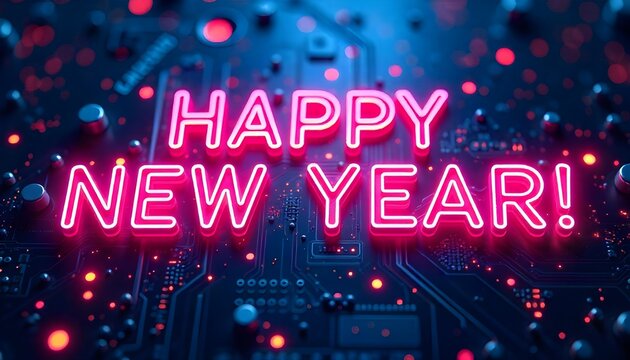 pink neon text over a glowing techno circuit board background. - Powered by Adobe