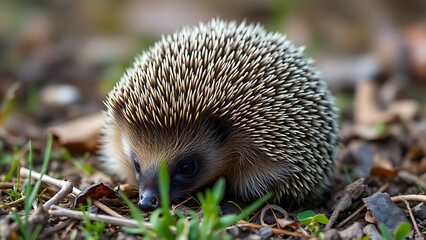 insectivore. A hedgehog curled into a defensive ball in its natural habitat. wildlife magazines, conservation campaigns, designed for wildlife conservation campaigns, used by art directors.