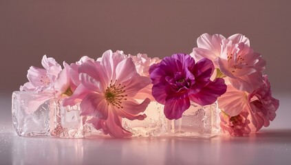 Floral Arrangement on Ice, Soft Light, Delicate Petals, Cool and Warm Harmony.