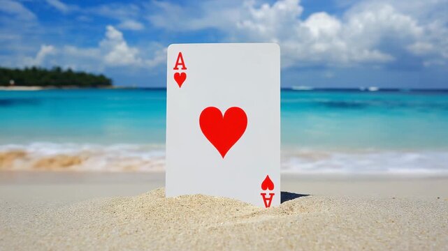 White Playing Card with Red Heart and Ace on Sandy Beach by Turquoise Ocean Under Blue Sky, Love and Leisure Concept