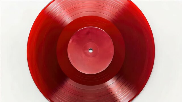 A bundle of red vinyl records placed on a white surface. Each record has a central hole and is stacked upright.