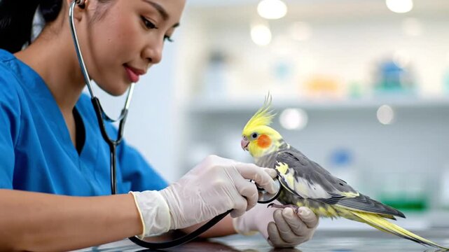 Female veterinarian carefully examining a cockatiel parrot with a stethoscope in a bright veterinary clinic