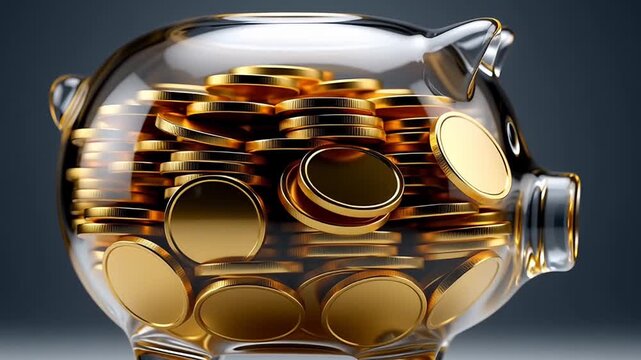 Transparent piggy bank filled with gold coins symbolizes savings