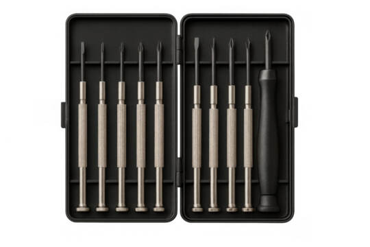 Precision screwdriver set in an open black case, offering various small bits for electronic device repair and assembly - Powered by Adobe