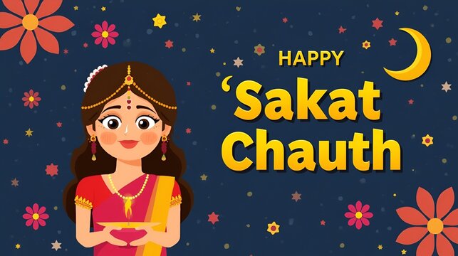 Cartoon Girl Holding Diya Under Moon and Stars for Sakat Chauth Festival Happy Sakat Chauth