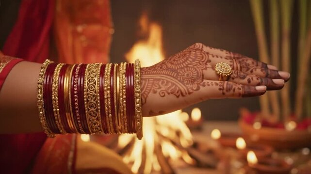 Woman's hand adorned with henna and bangles by the Diwali fire  