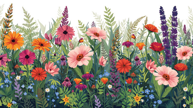 Vibrant wildflower garden border illustration with layered depth. Features bold orange, pink, and red gerberas, cosmos, and dahlias mixed with blue forget-me-nots and white daisies on green foliage.