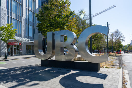 UBC ground sign in the campus of the University of British Columbia, Vancouver, BC, Canada - July 9, 2023. University of British Columbia is a public university in Vancouver, Canada.