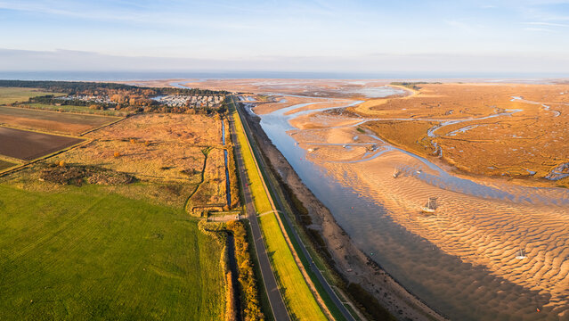 View to the beach at Wells next the Sea in the golden hour