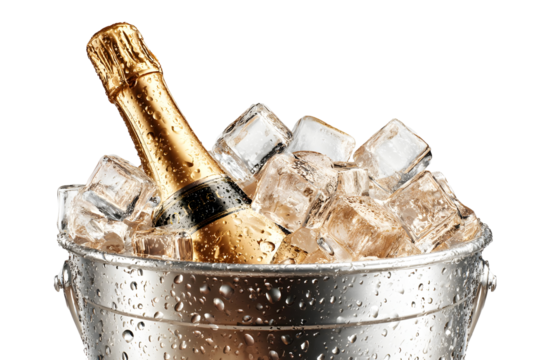 Champagne bottle in ice bucket with glimmering ice cubes