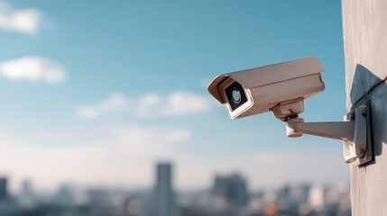Surveillance Camera Watching Over City Landscape Under Clear Sky with Urban Architecture and Soft Cloudy Background