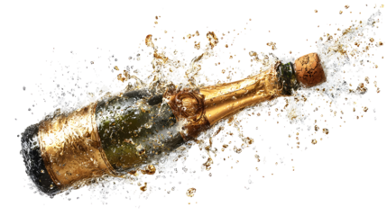 Champagne bottle explosion with splashing liquid and flying cork