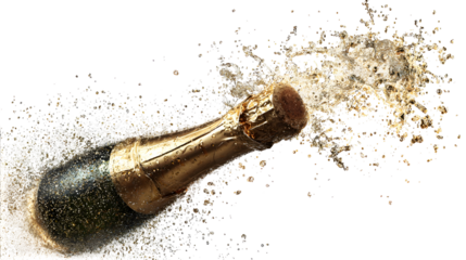 Exploding champagne bottle with cork and bubbles against a black background