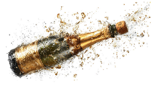 Champagne bottle explosion with splashing liquid and flying cork - Powered by Adobe