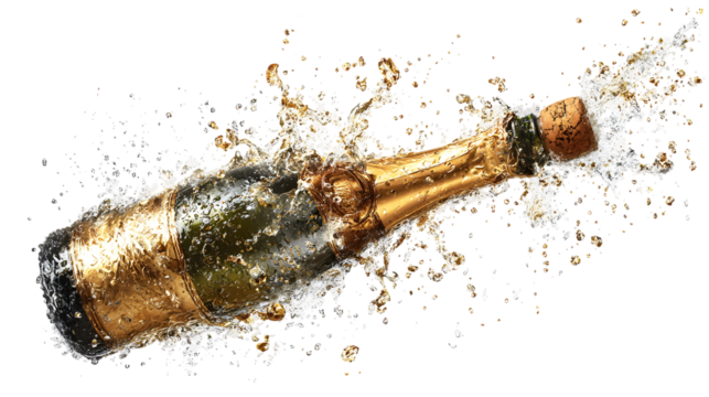 Champagne bottle explosion with splashing liquid and flying cork