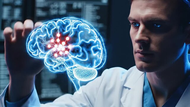 Futuristic medical technology with holographic brain interface