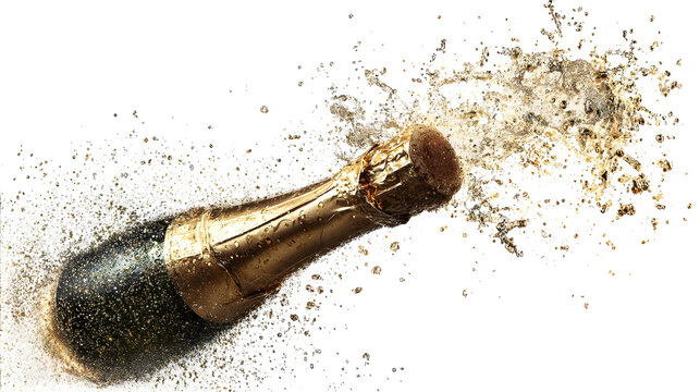 Exploding champagne bottle with cork and bubbles against a black background