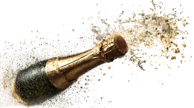 Exploding champagne bottle with cork and bubbles against a black background