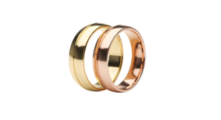 Two Polished Gold Wedding Bands on White: Yellow and Rose Gold