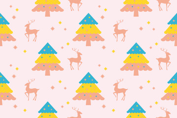 Colorful pastel pine tree,cute deer,star seamless pattern.Scandinavian folk design.Geometric ornament.Adorable background.Nature forest illustration for print decor,wallpaper,happy Christmas holiday.