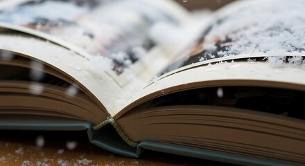 Open book with blurred images and visible pages.