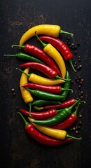A vibrant collection of colorful chili peppers, including red, yellow, and green varieties, arranged on a dark rustic surface showcasing intense culinary heat ,chili ,pod ,piquancy