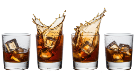 Close-up of four sleek highball glasses covered in condensation, deep amber whiskey splashing mid-explosion with cinematic backlighting on a white studio background. Concept for luxury liquor
