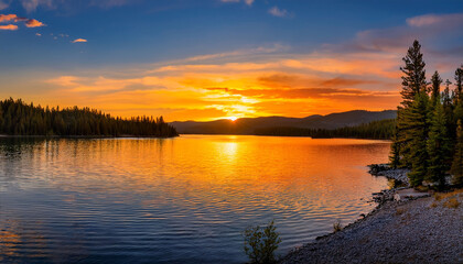 Fototapeta premium Sunset Over Lake Coeur D Alene In Idaho State The Orange And Yellow Sky Over The Calm Water In Nature Is Beautiful
