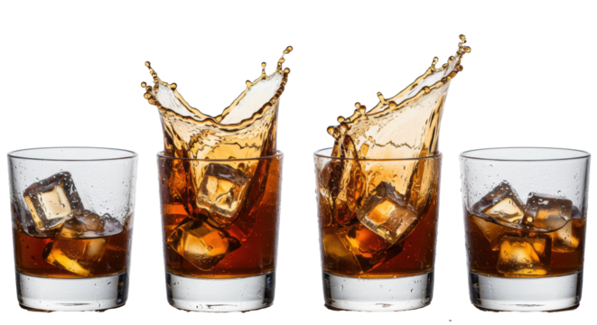Close-up of four sleek highball glasses covered in condensation, deep amber whiskey splashing mid-explosion with cinematic backlighting on a white studio background. Concept for luxury liquor
