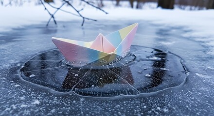 Paper boat on cracked ice in winter wonderland, a symbol of fragility.