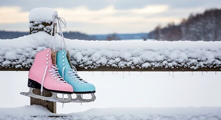 Pastel Ice Skates on Snowy Bench Overlooking Frozen Lake.